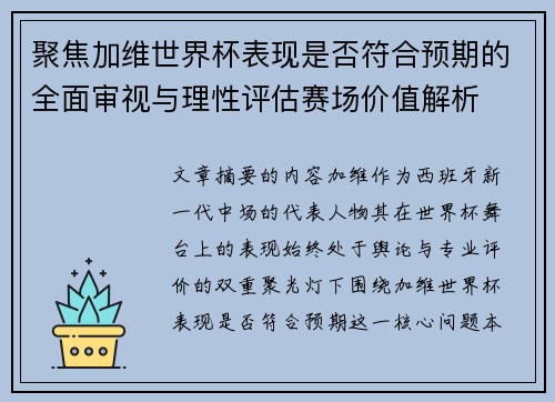 聚焦加维世界杯表现是否符合预期的全面审视与理性评估赛场价值解析