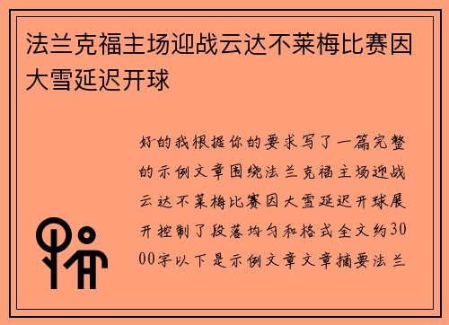 法兰克福主场迎战云达不莱梅比赛因大雪延迟开球 法兰克福主场迎战云达不莱梅比赛因大雪延迟开球