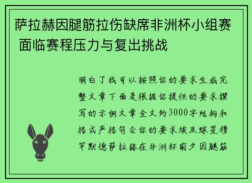 萨拉赫因腿筋拉伤缺席非洲杯小组赛 面临赛程压力与复出挑战
