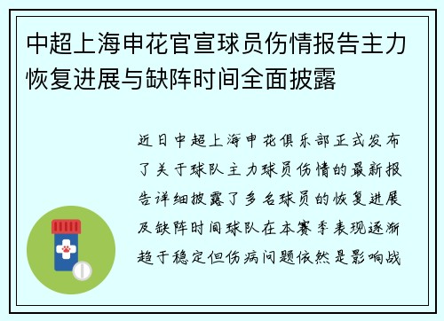 中超上海申花官宣球员伤情报告主力恢复进展与缺阵时间全面披露 中超上海申花官宣球员伤情报告主力恢复进展与缺阵时间全面披露